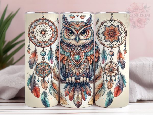 Boho Dream Catcher With Owl 20oz Tumbler Wrap PNG, Boho Owl Tumber Png, Straight & Tapered Tumbler Wrap, Instant Digital Download For Cheap