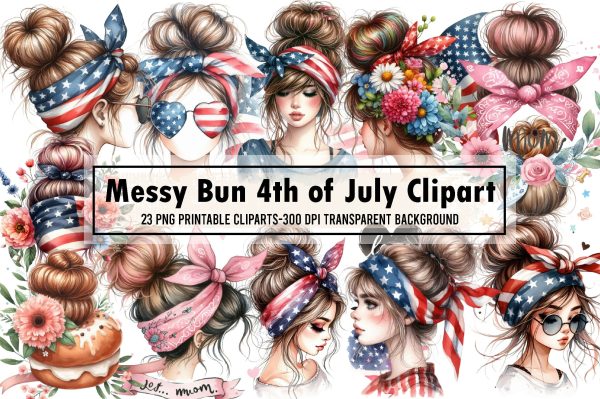 American Messy Bun 4th of July Clipart Fashion