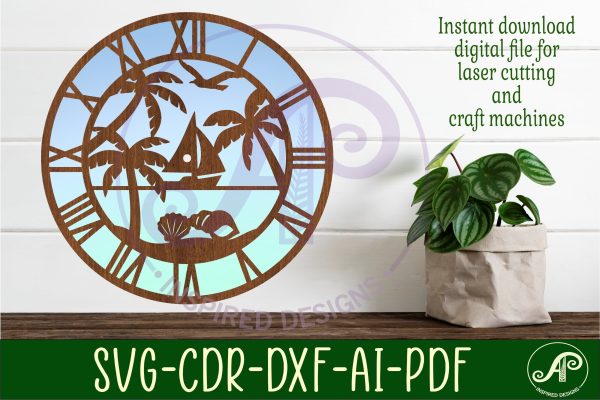Beach scene wall clock laser cut files, SVG file. For Sale - Image 2