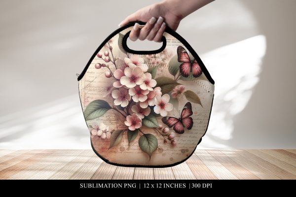 Vintage Floral Butterfly Lunch Bag Design, Sublimation PNG Online