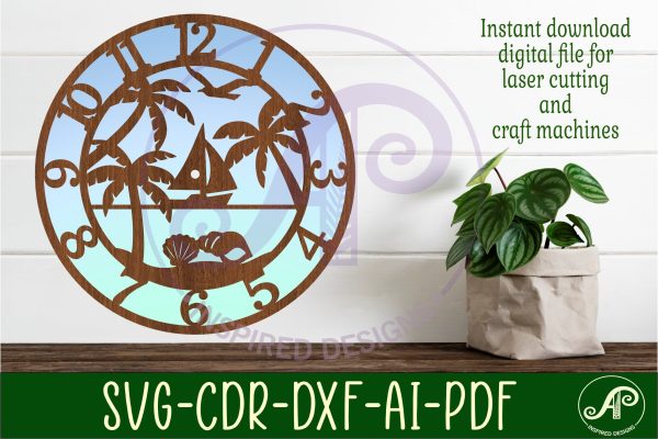 Beach scene wall clock laser cut files, SVG file. For Sale