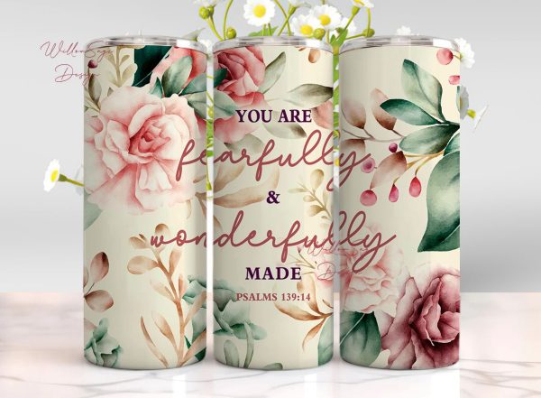 Bible Psalm Fearfully and Wonderfully Made, Cross flower png, Christian Sublimation Design, 20 oz Tumbler Online Sale