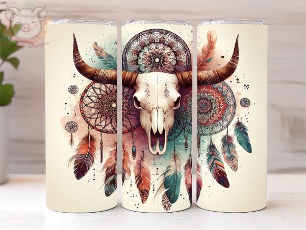 Boho Cow Skull 20oz Tumbler Png, Straight & Tapered Tumbler Png, Country Girl Tumbler Png, Digital Download PNG Fashion
