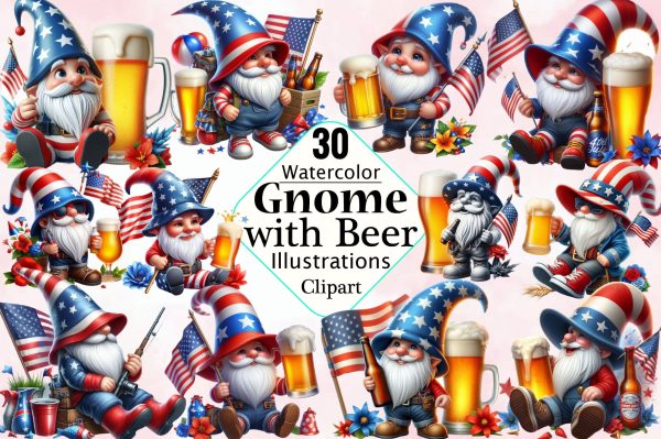 4th of July Gnome with Beer Clipart Bundle Sale