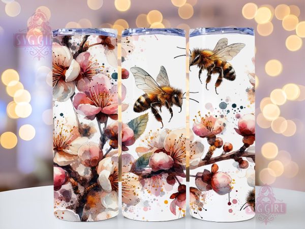 Cherry Blossom and Bee 20oz Tumbler Wrap Sublimation Design, Straight Tapered Tumbler Wrap, Cherry Blossom Tumbler Png, Instant Digital Download Online Hot Sale