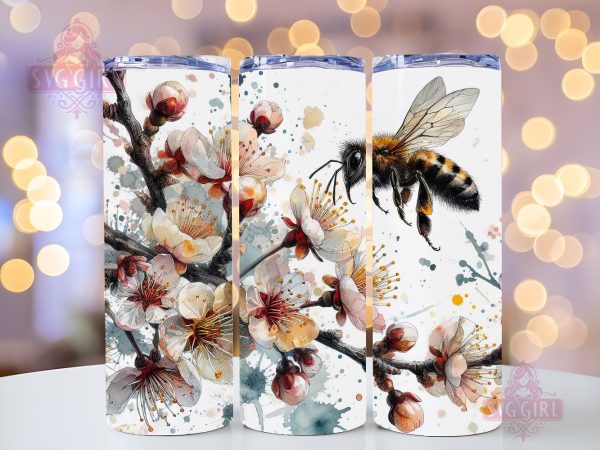 Cherry Blossom and Bee 20oz Tumbler Wrap Sublimation Design, Straight Tapered Tumbler Wrap, Cherry Blossom Tumbler Png, Instant Digital Download For Discount