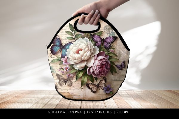 Floral Lunch Bag Sublimation Design, Peony Lunch Tote PNG For Discount