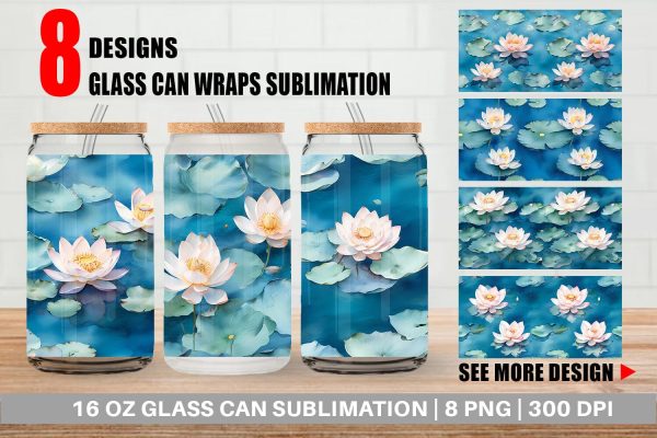Glass Can Wrap Lotus Watercolor Pattern Sale