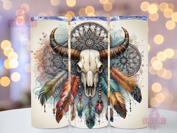 Boho Cow Skull 20oz Tumbler Wrap Sublimation Design, Straight Tapered Tumbler Wrap, Western Dream Catcher Tumbler Png, Instant Digital Download For Sale