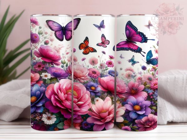 Pink Purple Flowers Butterfly 20oz Tumbler Wrap PNG, Floral Butterfly Tumber Png, Straight & Tapered Tumbler Wrap, Instant Digital Download Online Hot Sale