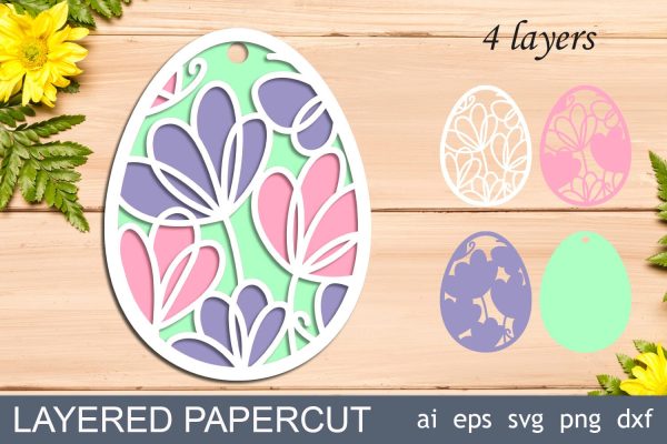 3d Easter egg with flowers, Easter decor layered papercut, Laser cut template Sale