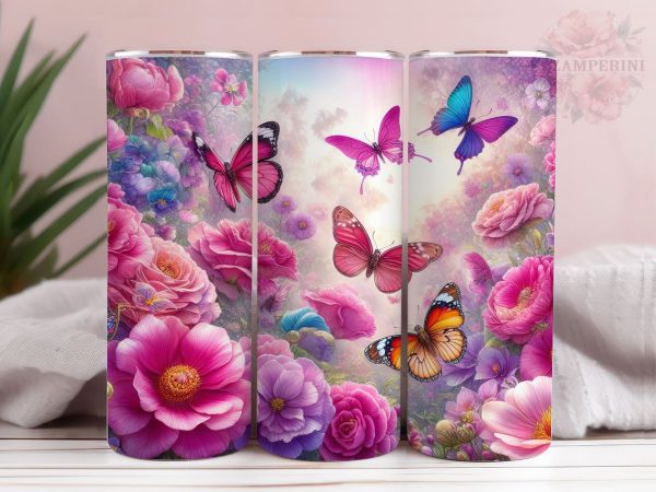 Pink Purple Flowers Butterfly 20oz Tumbler Wrap PNG, Floral Butterfly Tumber Png, Straight & Tapered Tumbler Wrap, Instant Digital Download For Discount