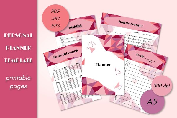 Planner Printable Template | A5 Paper Size PDF jpg eps Vector To Do List Pages | Personal Daily Weekly Schedule Habits Tracker Polygonal Art Hot on Sale