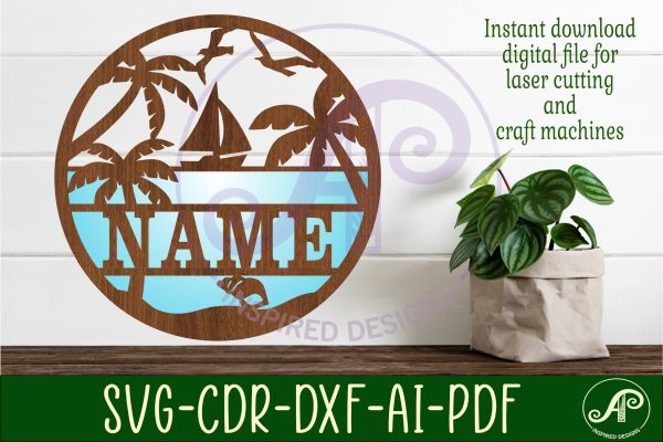 Beach with sailing boat Name sign svg laser cut template Hot on Sale