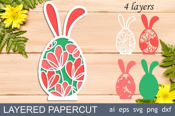3d Easter egg with bunny ears and flowers svg, Easter layered papercut template Discount