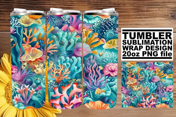 Coastal Waters Tumbler Design, Summer Sublimation Wrap, 20oz, Vibrant Fish Art, Watercolor Ocean For Discount