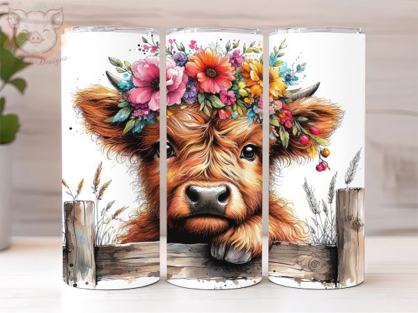 Cute baby Highland Cow  20oz Tumbler Png, Straight & Tapered Tumbler Png, Cute Floral Animal Tumbler Png, Digital Download PNG Online
