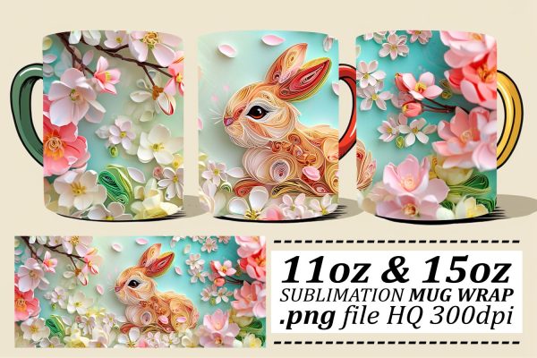 Springtime Bunny Family Mug Design, Sublimation Wrap, 11oz 15oz, 3D Easter Art, Happy Easter Sale