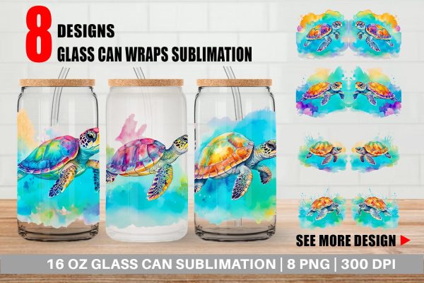 Glass Can Wrap Watercolor Turtle Cheap