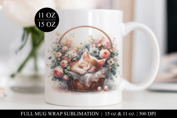 Kitten Mug Sublimation Wrap PNG, Cute Cat Full Mug Printable Online Hot Sale