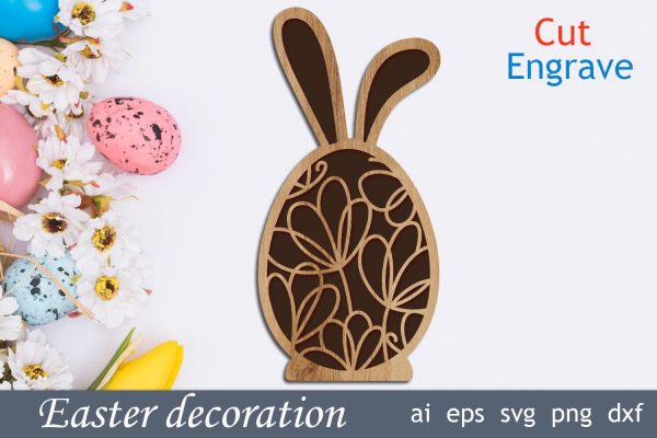 Easter decor svg laser cut, Engraving Easter egg with bunny and flowers Cheap