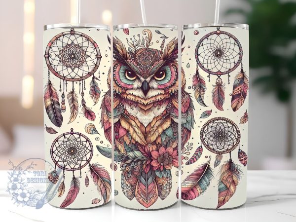Boho Dream Catcher With Owl 20oz Skinny Tumbler, Boho Owl Tumbler Png, Straight & Tapered Tumbler Wrap, Instant Digital Download Online Hot Sale