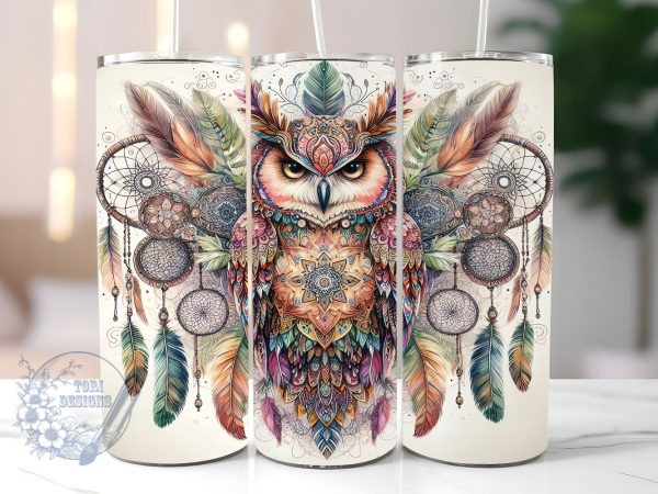 Boho Dream Catcher With Owl 20oz Skinny Tumbler, Boho Owl Tumbler Png, Straight & Tapered Tumbler Wrap, Instant Digital Download For Cheap