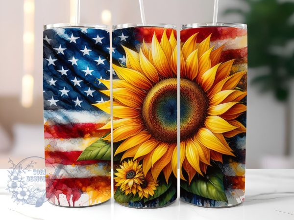 American Flag Sunflower 20oz Skinny Tumbler, 4th of July Tumbler Png, Straight & Tapered Tumbler Wrap, Instant Digital Download Online