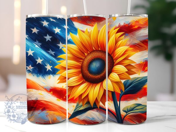 American Flag Sunflower 20oz Skinny Tumbler, 4th of July Tumbler Png, Straight & Tapered Tumbler Wrap, Instant Digital Download For Cheap