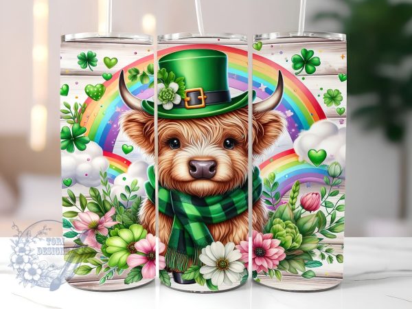 Cute Highland Cow St Patrick s Day 20oz Skinny Tumbler, Highland Cow Tumbler Png, Straight & Tapered Tumbler Wrap, Instant Digital Download For Discount