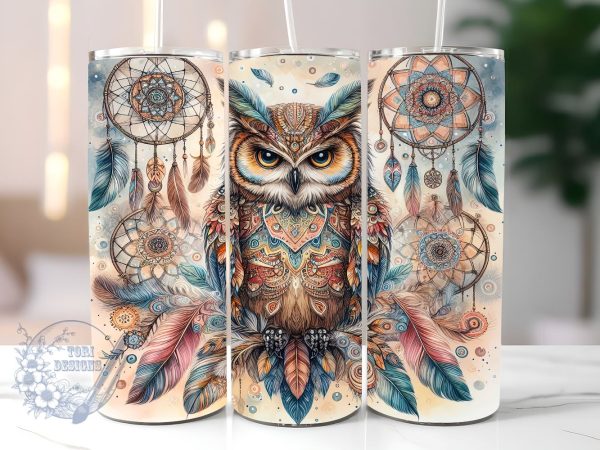 Boho Dream Catcher With Owl 20oz Skinny Tumbler, Boho Owl Tumbler Png, Straight & Tapered Tumbler Wrap, Instant Digital Download Online now