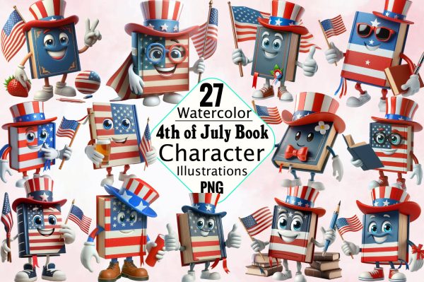 4th of July Book Character Clipart Bundle For Discount