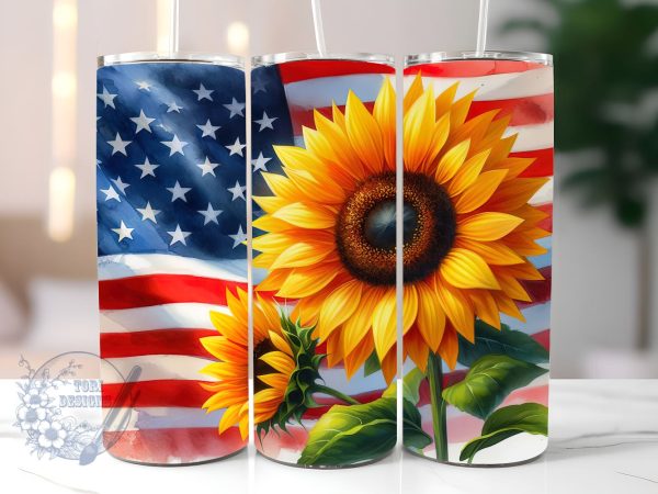 American Flag Sunflower 20oz Skinny Tumbler, 4th of July Tumbler Png, Straight & Tapered Tumbler Wrap, Instant Digital Download Cheap