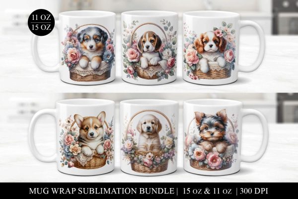 6 Cute Puppy Sublimation Mug Wrap Bundle - 11 & 15oz Online Hot Sale