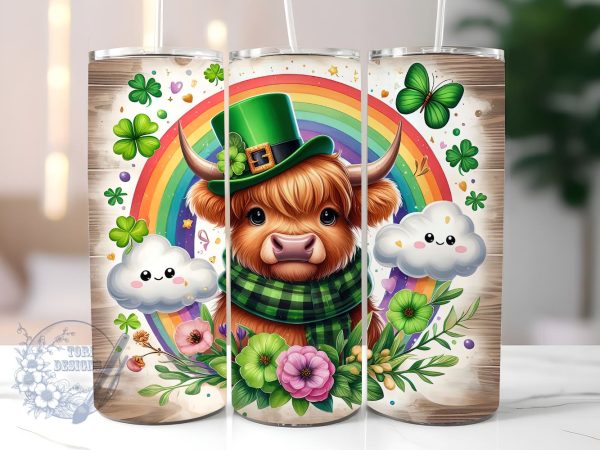 Cute Highland Cow St Patrick s Day 20oz Skinny Tumbler, Highland Cow Tumbler Png, Straight & Tapered Tumbler Wrap, Instant Digital Download Online