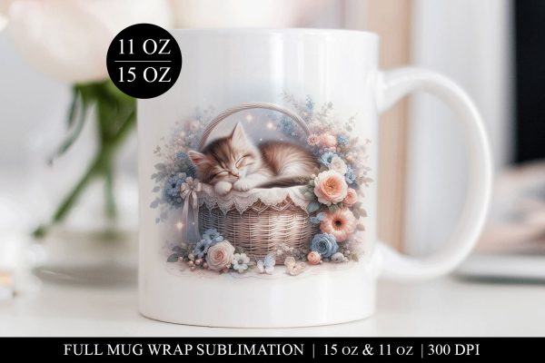 Floral Kitten Mug Wrap Design, 11 and 15 oz Sublimation PNG For Sale