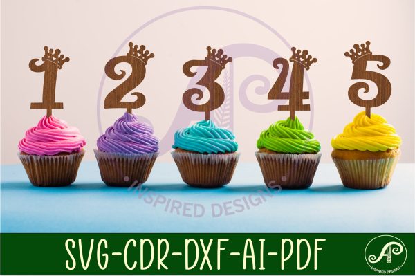 Crown number cupcake toppers, 10designs SVG laser cut Cheap