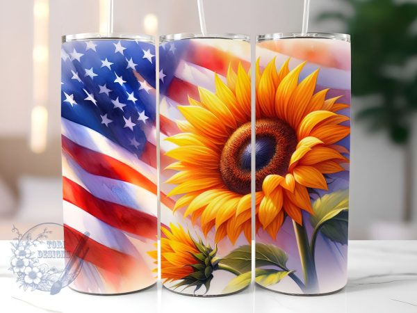 American Flag Sunflower 20oz Skinny Tumbler, 4th of July Tumbler Png, Straight & Tapered Tumbler Wrap, Instant Digital Download Online now