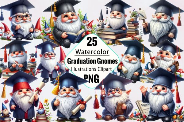 Watercolor Graduation Gnomes Clipart Bundle Cheap