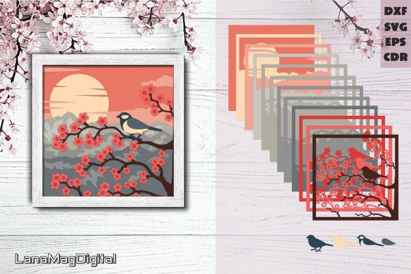 Cherry blossom shadow box Layered sakura svg Layered Bird svg Online