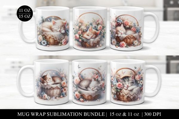 6 Cute Kitten Sublimation Mug Wrap Bundle - 11 & 15oz Hot on Sale