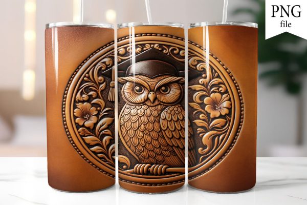 Leather Tumbler PNG. Owl Graduation Sublimation PNG For Discount