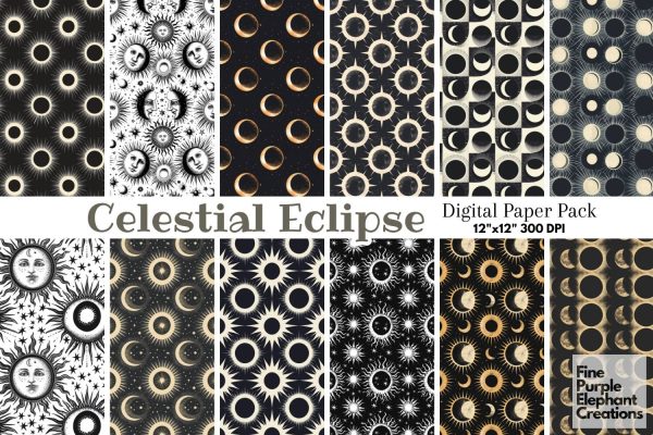 Monochrome Total Solar Eclipse Digital Paper | Cosmic Celestial Fashion