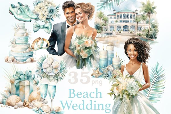 Beach Wedding Clipart | Summer Wedding Illustration PNG Set For Cheap