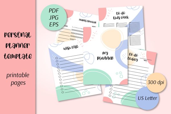 Personal Planner Printable Templates | US Letter PDF jpg eps Vector To Do List Pages | Daily Weekly Schedule Habits Tracker Wishlist Fashion