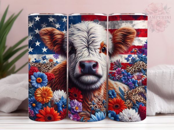 Western 4th Of July Cow 20oz Tumbler Wrap PNG, American Flag Tumbler Png, Straight & Tapered Tumbler Wrap, Instant Digital Download Sale