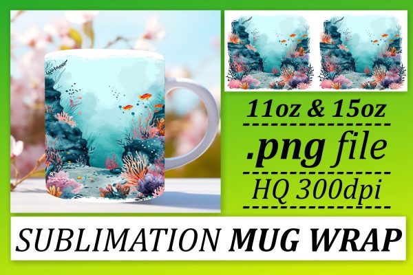 Aquatic Creatures Sublimation Pattern, Coastal Fishy Delight Mug Design Sale