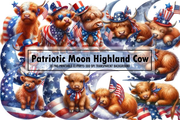 Watercolor Patriotic Moon Highland Cow Clipart Online now
