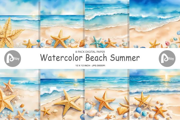 Digital Paper Watercolor Beach Summer For Sale