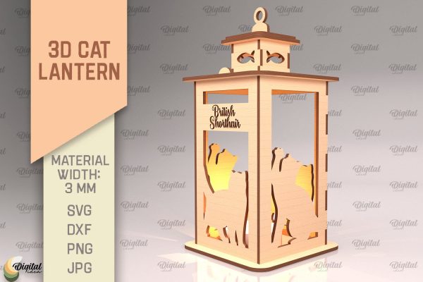 3D Cat Lantern SVG. Laser Cut Lamp. British Shorthair SVG Supply